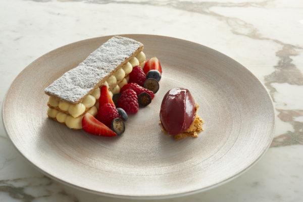 Mille Feuille with red fruits, cherry sorbet