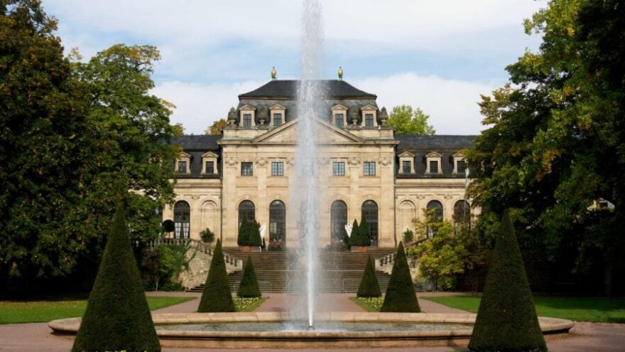 Facade of private estate with fountain