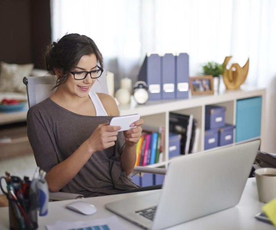 A female virtual marketing consultant sitting at a home office