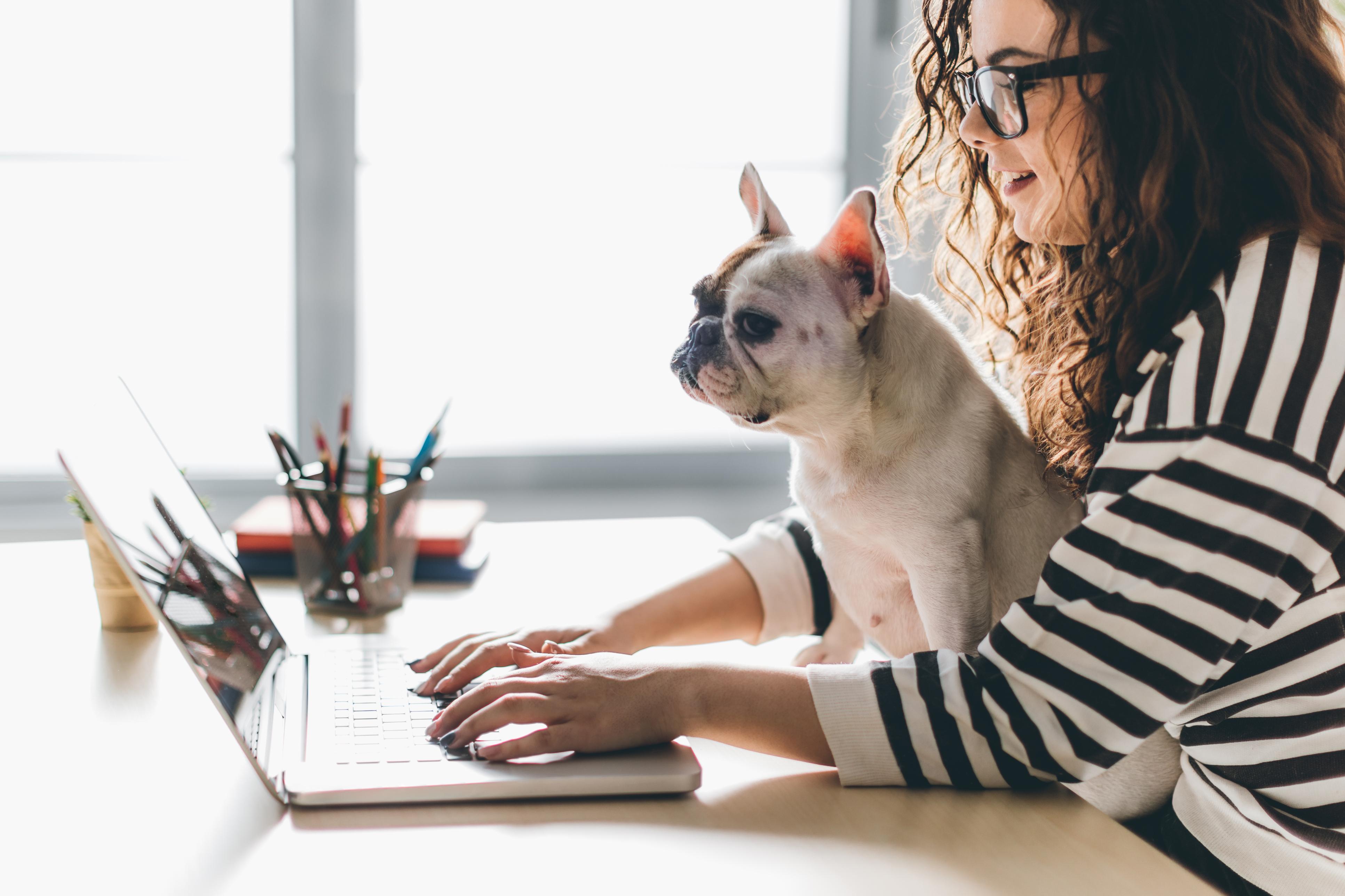 Young woman with dog in office