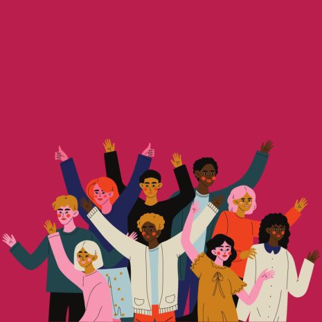 Colourful illustration of people raising their hands and looking happy.