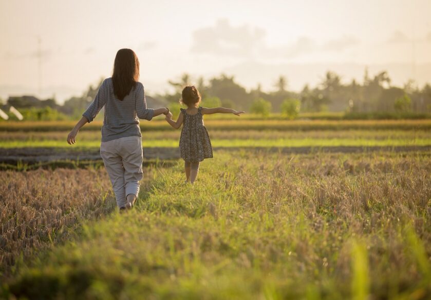 A nanny holding the hand of a child as they walk through a sunlit, grassy field.