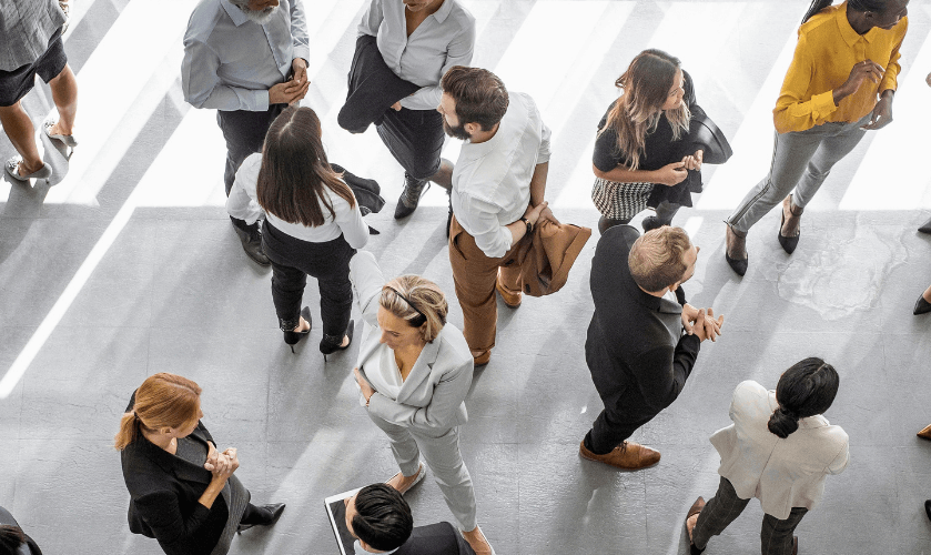 a birdeye view of a group of professionals networking